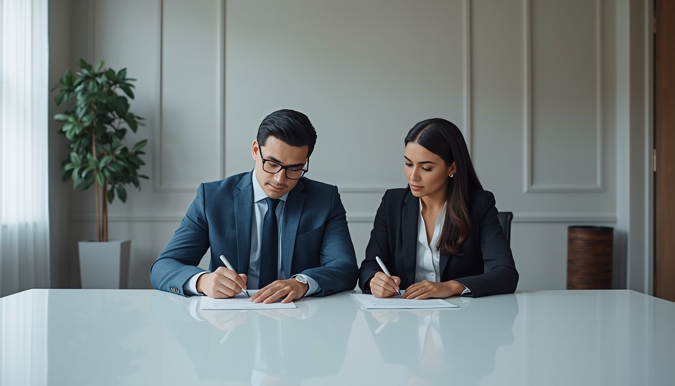 Notario y clientes firmando documentos