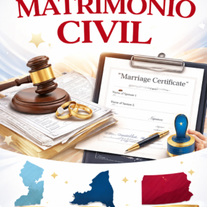 Ceremonia civil válida en NJ, NY y PA con certificación notarial incluida, ideal para trámites legales, consulares y procesos migratorios.