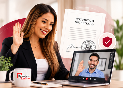 Notaria atendiendo una cita en línea con un cliente por videollamada