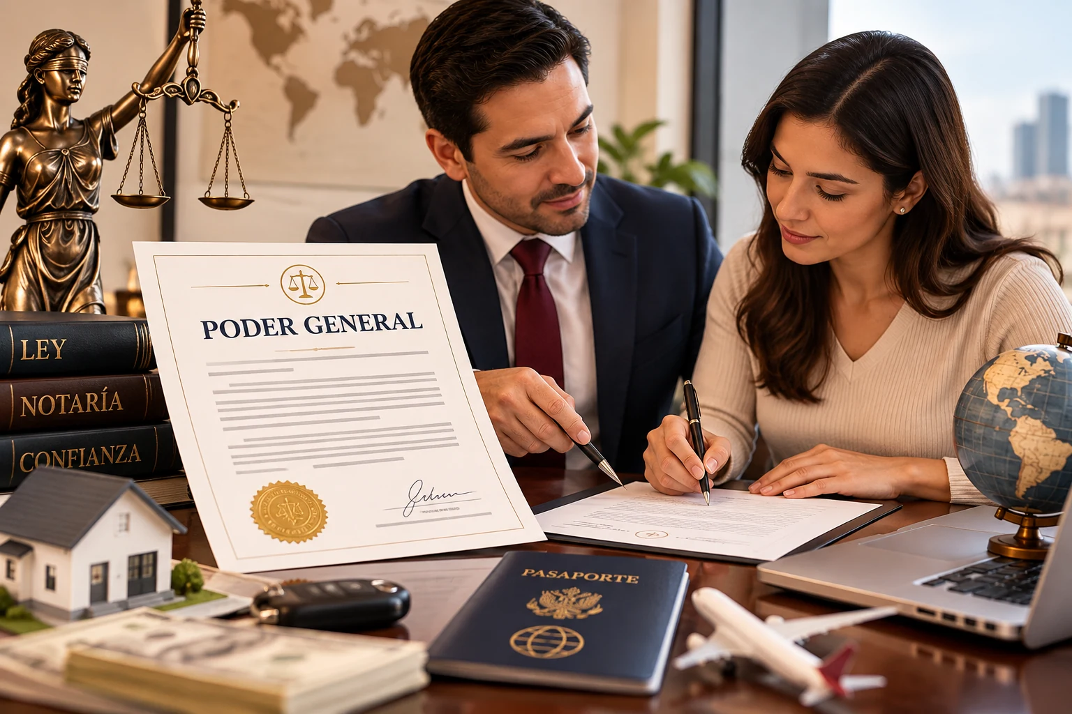 Notario y cliente revisando un Poder General, con pasaporte, llaves y balanza de la justicia sobre el escritorio