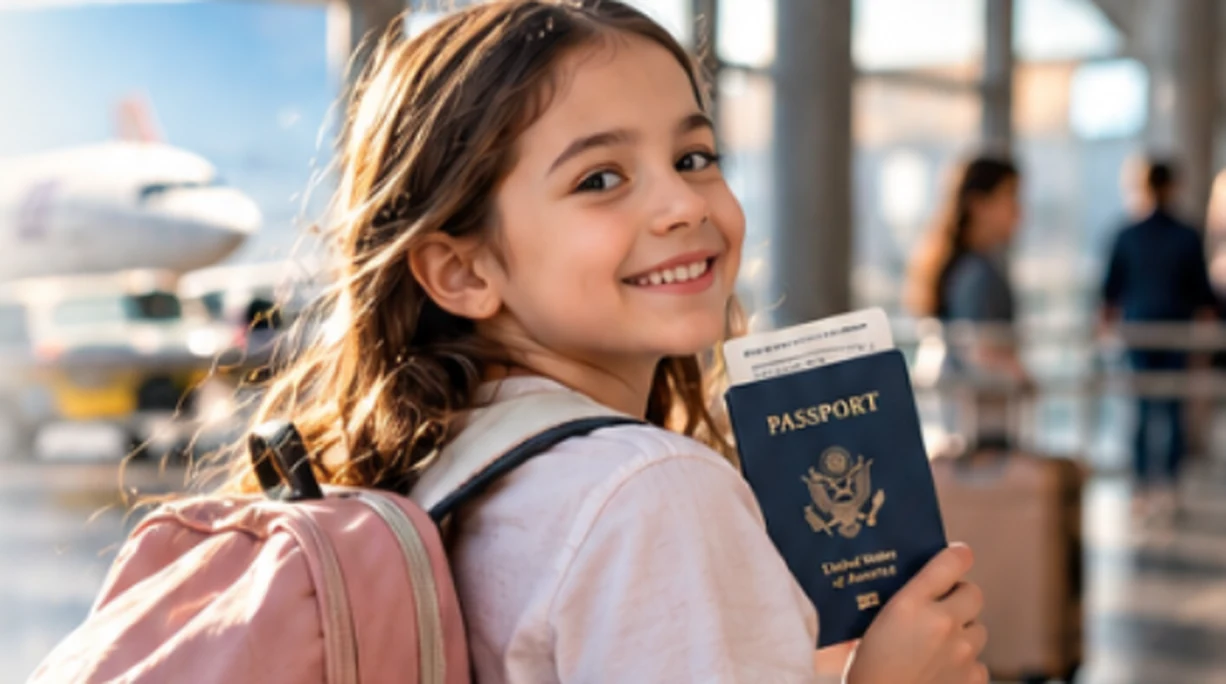 Niña sonriente con su pasaporte y mochila en un aeropuerto