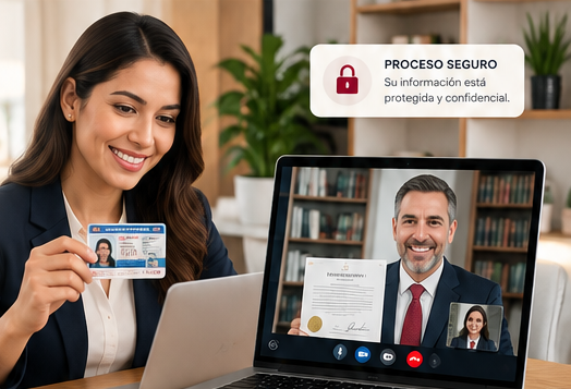 Cliente mostrando su identificación en una videollamada con el notario